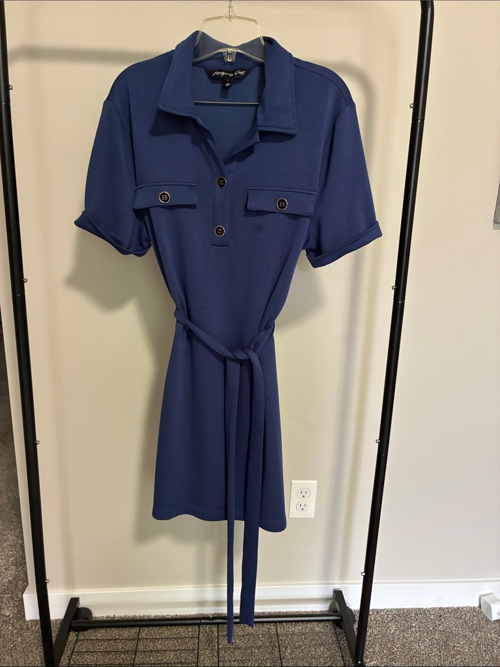 Button-Placket Mini Shirt Dress with Self Tie - Blue